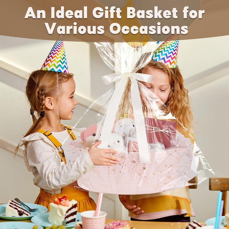 OIAHOMY Large Gift Basket Empty 17" x 12.6" x 7", Storage Basket with Gift Bag, Ribbon and Glitter Tulle for DIY Anytime, Toy Storage for Kids, Dogs with Handles in A Stylish Design - Pink - Image 5